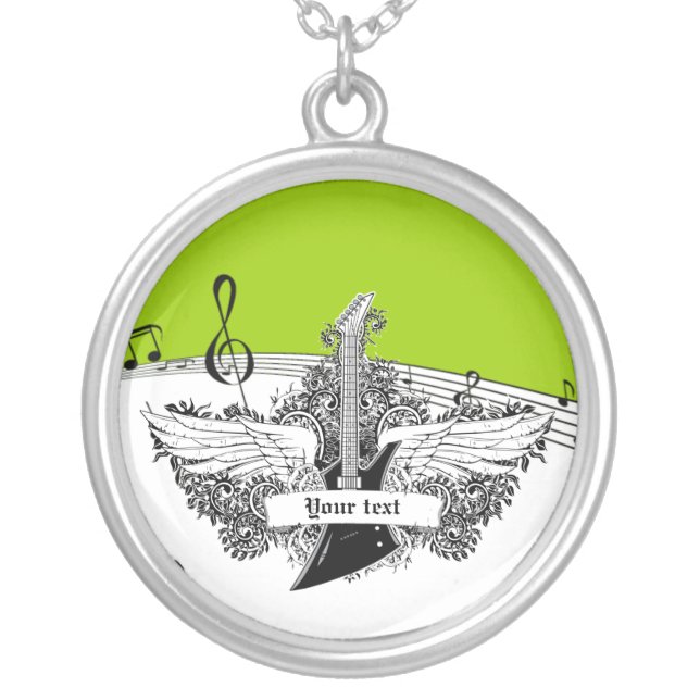 Black white electric guitar wings on lime green silver plated necklace (Front)
