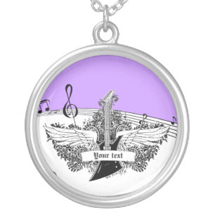 Black white electric guitar wings on purple silver plated necklace