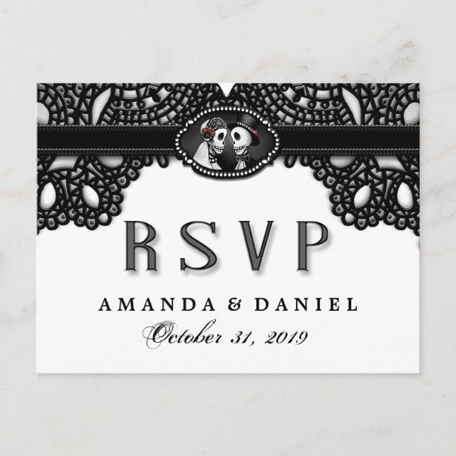 Black White Elegance Halloween Skeletons RSVP Invitation Postcard (Front)