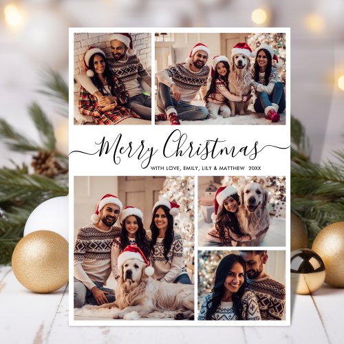 Black White Elegant 5 Photo Collage Christmas Holiday Card