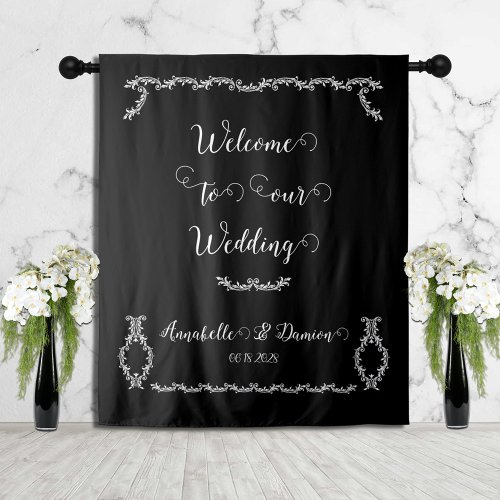Black  White Elegant Acanthus Welcome To Wedding Tapestry