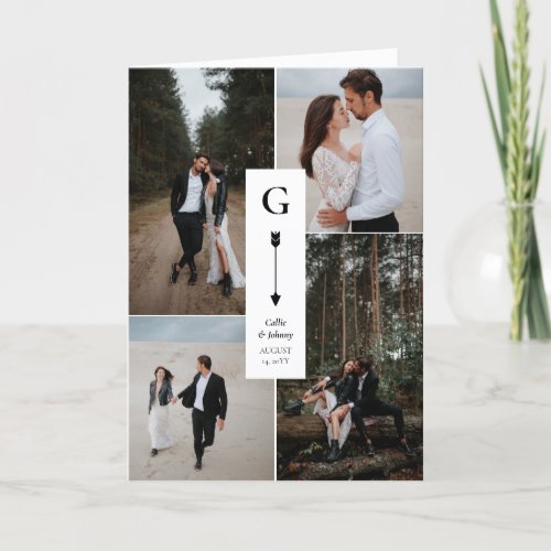 Black White Elegant Arrow Wedding Photo Collage Thank You Card
