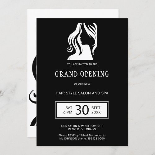 Black white elegant beauty salon grand opening invitation