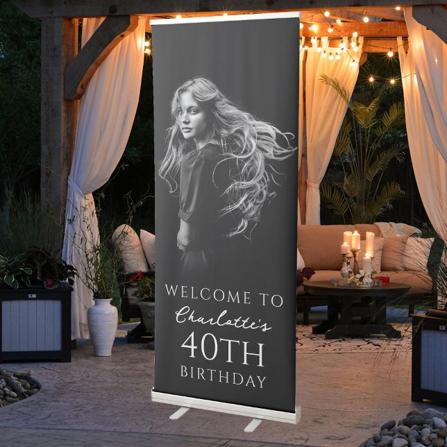 Black White Elegant Birthday Party Photo Welcome Retractable Banner (Black White Elegant Birthday Party Photo Welcome Retractable Banner)