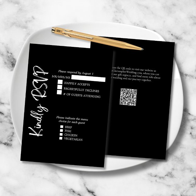 Black White Elegant Bold Script Wedding Formal RSVP Card (Black and White Elegant Vertical Script Wedding RSVP with Menu Choices, QR Code, Website.)