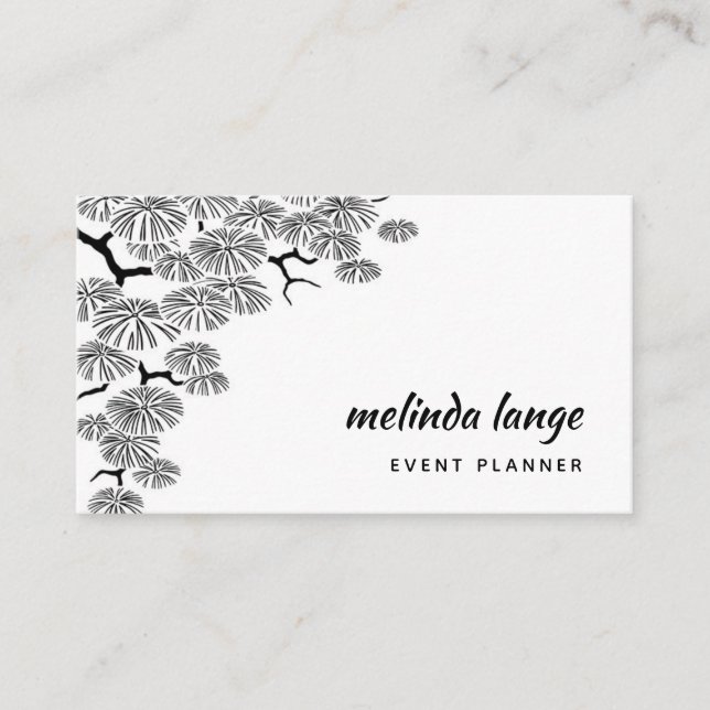 Black White Elegant Botanical Pine Branch Business Card (Front)