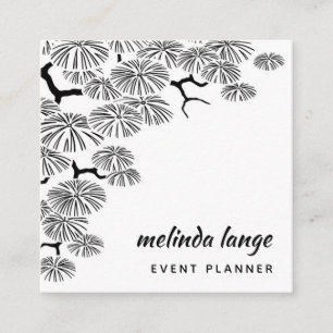Black White Elegant Botanical Pine Branch Square Business Card
