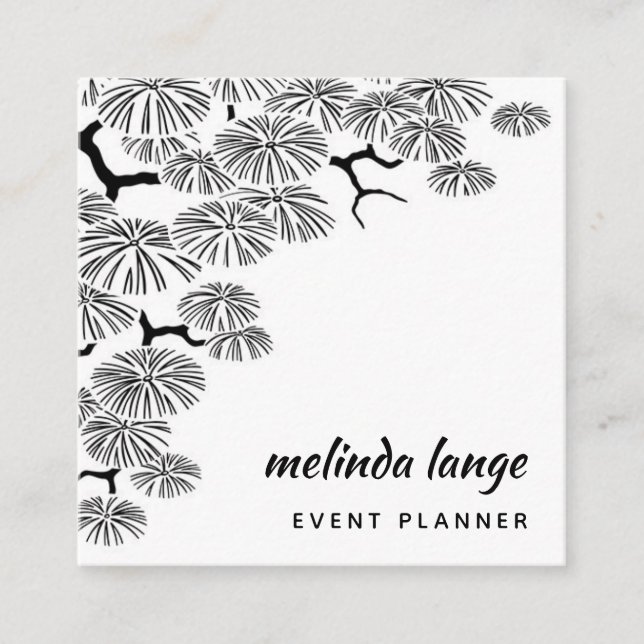 Black White Elegant Botanical Pine Branch Square Business Card (Front)