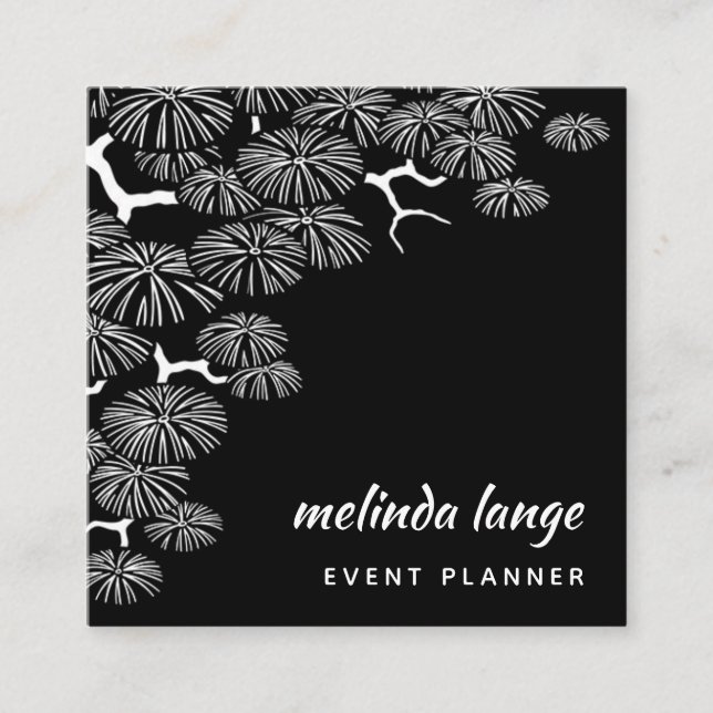 Black White Elegant Botanical Pine Branch Square Business Card (Front)
