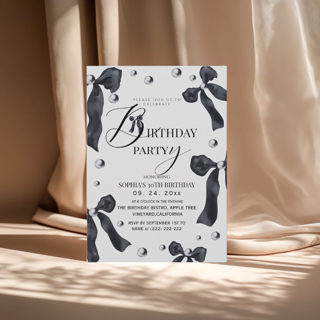 Black & White Elegant Bow Birthday Party  Invitation (Creator Uploaded)