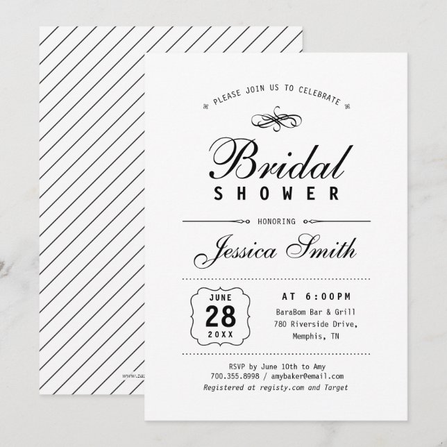 Black & White Elegant Bridal Shower Invitation (Front/Back)