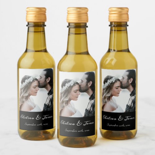 Black  White Elegant Calligraphy Photo Wedding  Wine Label