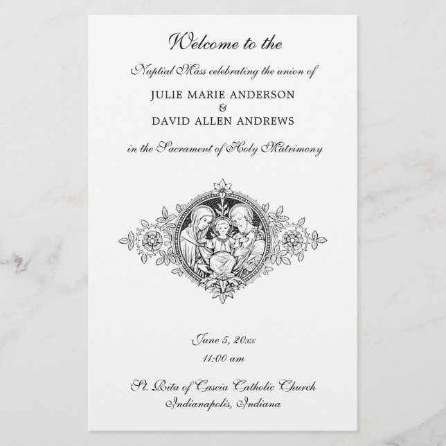 Black & White  Elegant Catholic Wedding Program  Stationery (Front)