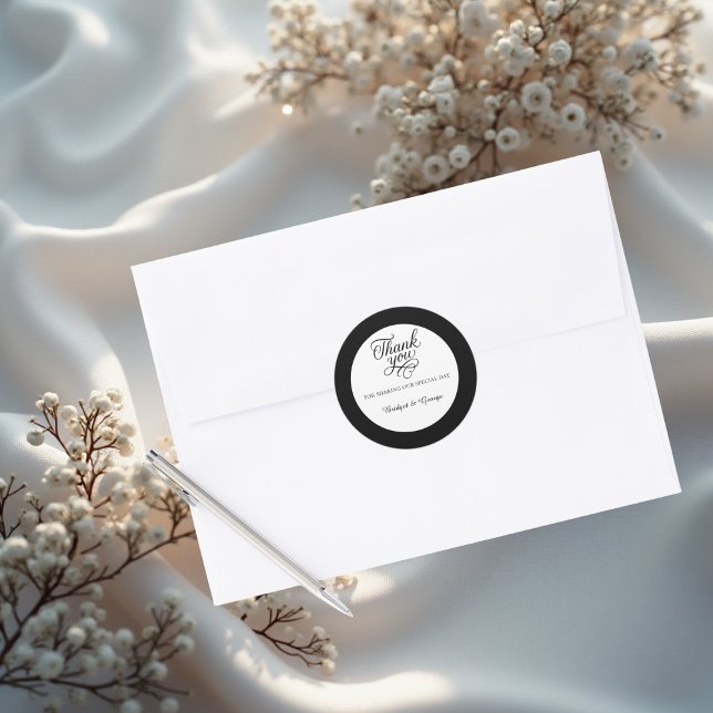 black & white elegant charming thank you script classic round sticker (Creator Uploaded)