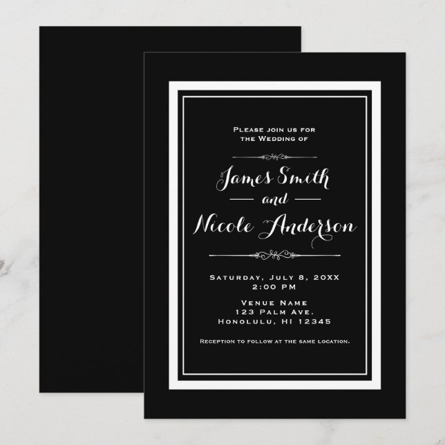Black & White Elegant Chic Couture Wedding Invitation (Front/Back)