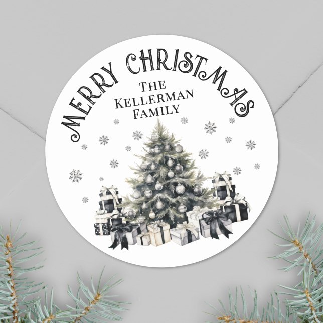 Black White Elegant Christmas Classic Round Sticker (Black White Elegant Christmas Tree Classic Round Sticker)