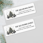 Black White Elegant Christmas Return Address Label<br><div class="desc">Add a touch of festive charm to your holiday mail or invitations with this elegant return address label featuring a watercolor Christmas tree. The left side of the label showcases the artwork—a sophisticated black and white tree with a soft green hue, surrounded by presents and gently falling snowflakes for a...</div>
