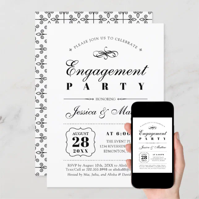 Black & White Elegant Classic Engagement Party Invitation | Zazzle