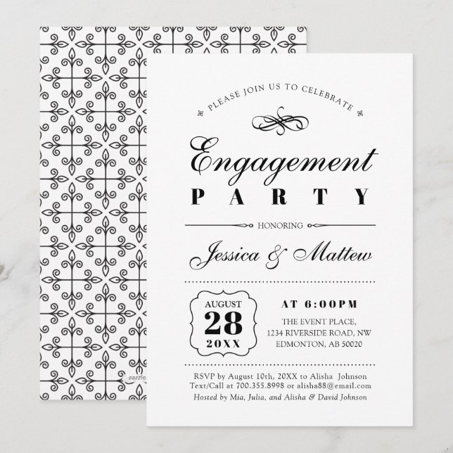 Black & White Elegant Classic Engagement Party Invitation (Front/Back)