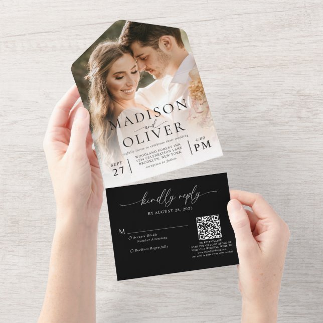 Black White Elegant Classic QR Code Photo Wedding All In One Invitation (Tearaway)
