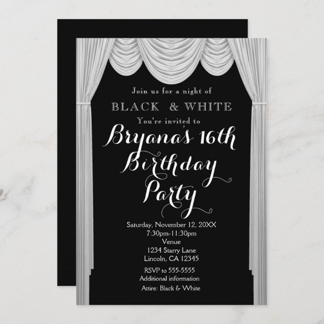 Black & White Elegant Curtains Party Invitations (Front/Back)