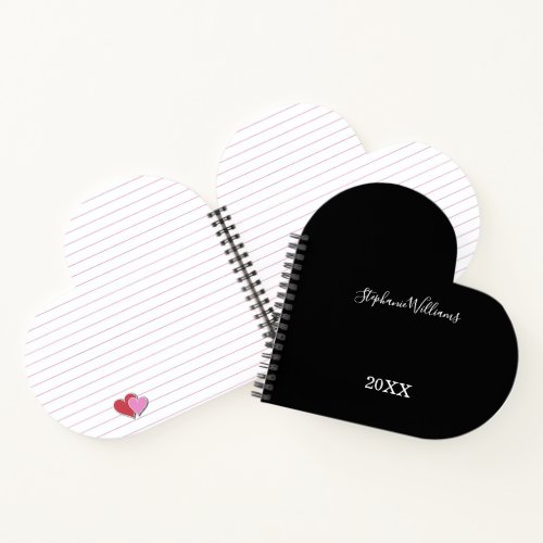 Black White Elegant Custom Name Year Cute Heart Notebook