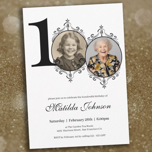 Black White Elegant Custom Photo 100th Birthday  Invitation