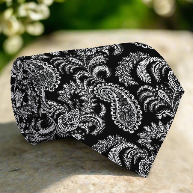Black & White Elegant Damask Floral Pattern Neck Tie (Creator Uploaded)