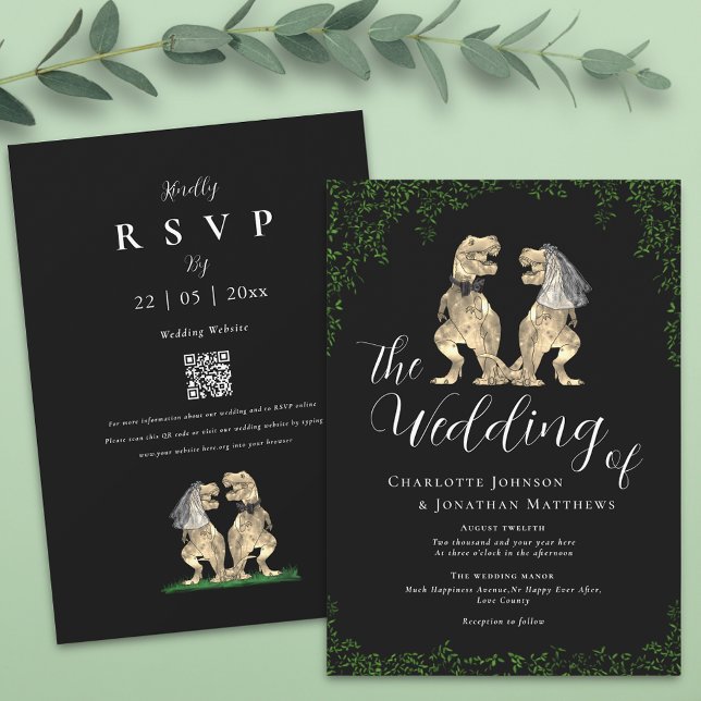 Black & White Elegant Dinosaur Wedding QR Code Invitation (T-Rex bride and groom funny dinosaur black and white wedding invitation)