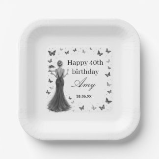 black & white elegant dress butterflies 40th paper plates