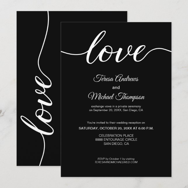Black White Elegant Elopement Wedding Reception Invitation (Front/Back)