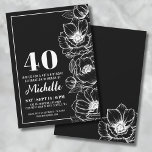 Black White Elegant Floral 40th Birthday Invitation<br><div class="desc">Introducing a chic and elegant 40th birthday party invitation, perfect for celebrating forty years old in style. The design features an elegant black background, creating a sophisticated black and white look overall. Delicate anemone flower line art runs down the right side, adding a touch of elegance. While these are anemone...</div>