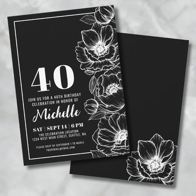 Black White Elegant Floral 40th Birthday Invitation (Elegant Floral Black And White 40th Birthday Invitation)