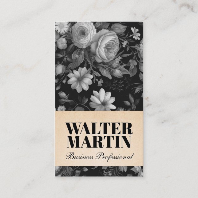 Black White Elegant Floral Background Business Card (Front)
