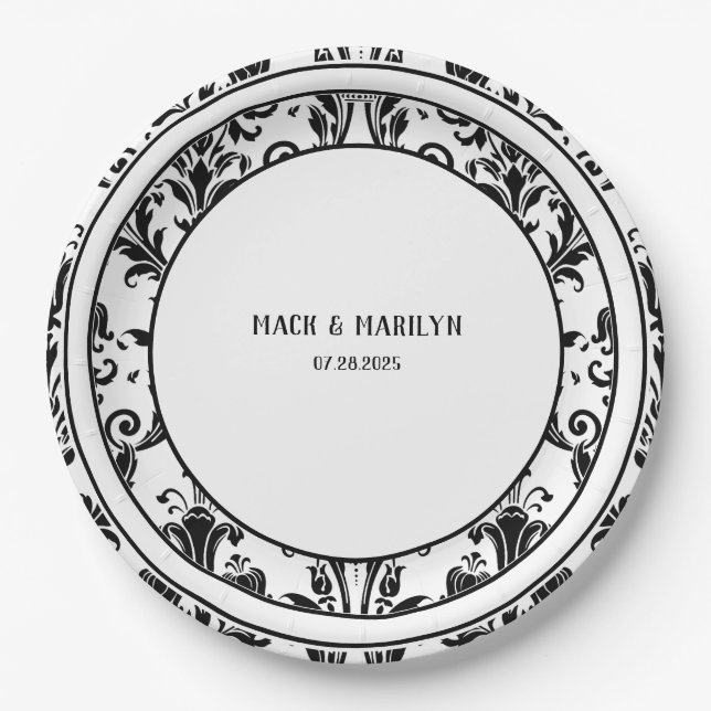 Black & White Elegant Floral Damask Wedding Dinner Paper Plates (Front)