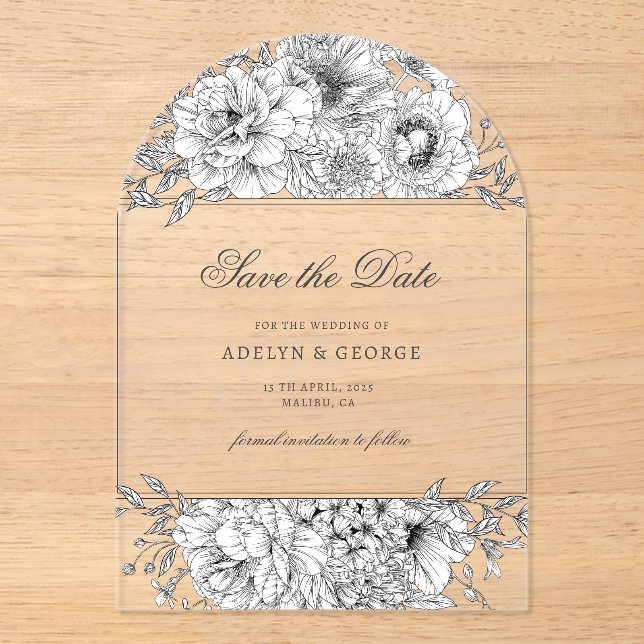 Black White Elegant Floral Save the Date (Front)