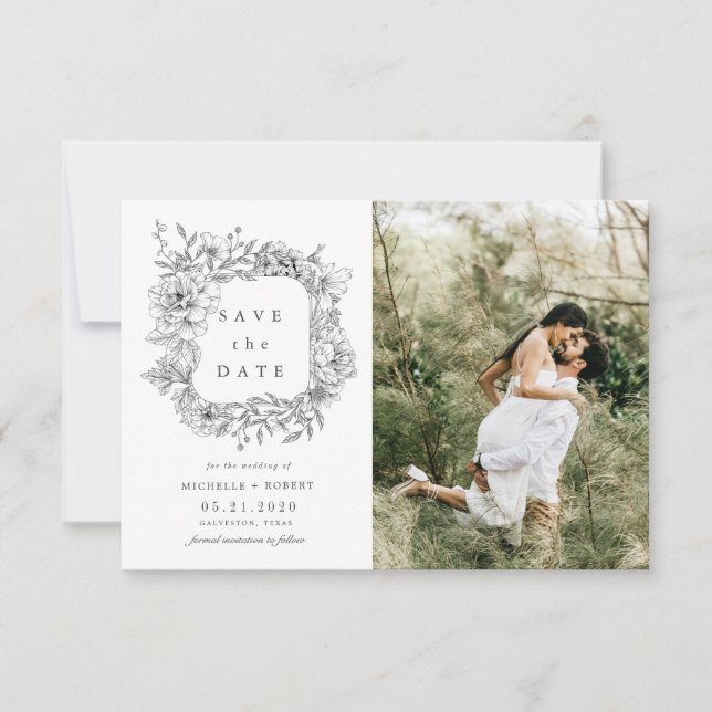 black white elegant floral two Photo Save The Date Invitation (Front)