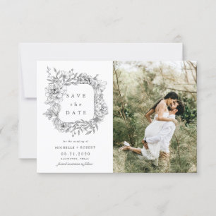 black white elegant floral two Photo Save The Date Invitation