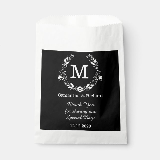 Black White Elegant Floral Wreath Monogram Wedding Favor Bag (Front)