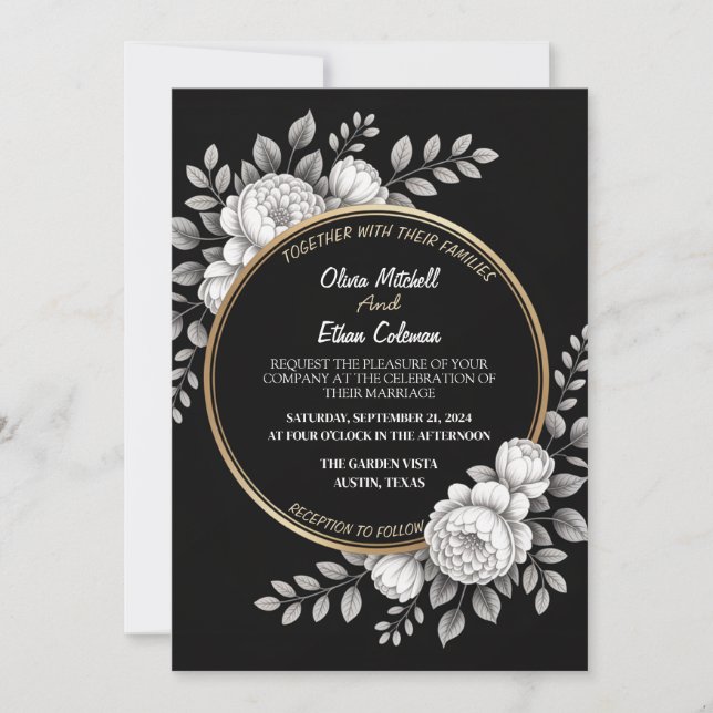 Black & White Elegant Flower Wedding Invitation (Front)