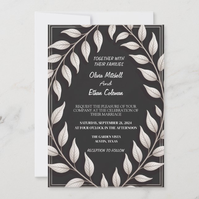 Black & White Elegant Flower Wedding Invitation (Front)