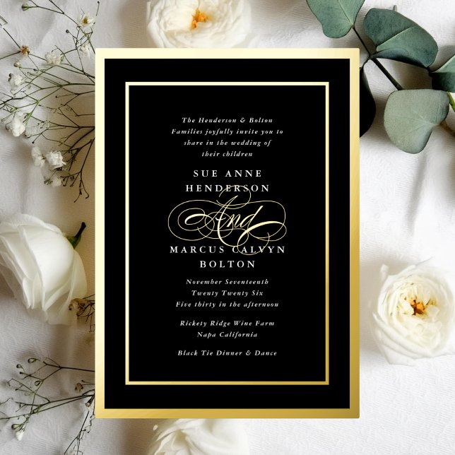 Black & White Elegant Formal Calligraphy Wedding Foil Invitation (Creator Uploaded)