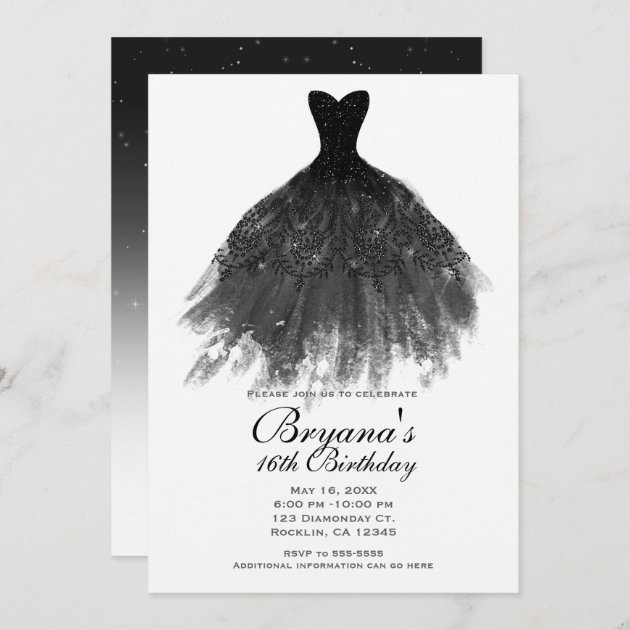 Black & White Elegant Glam Dress Sweet 16 Party Invitation | Zazzle
