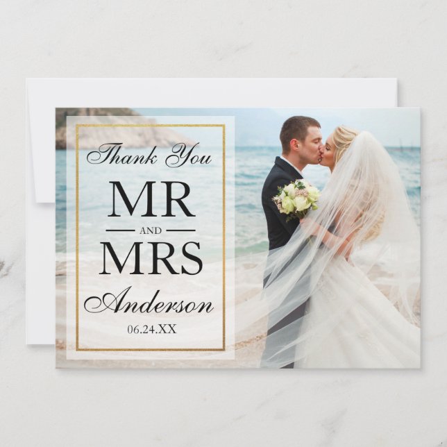 Black White Elegant Gold Frame Wedding Photo Thank You Card (Front)