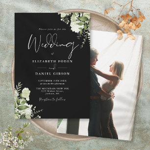 Black White Elegant Greenery Leaves Photo Wedding Invitation