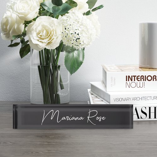 Black  White Elegant Handwritten Script Desk Name Plate