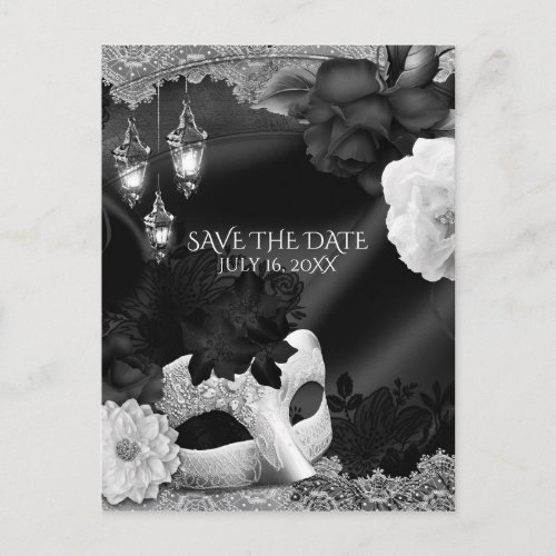 Black  White Elegant Masquerade Save the Date Announcement Postcard