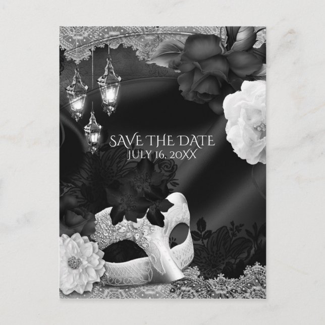 Black & White Elegant Masquerade Save the Date Announcement Postcard (Front)