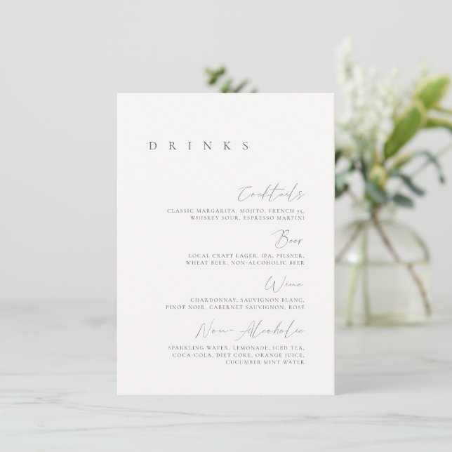 Black & White Elegant Minimal Wedding Drink Menu (Standing Front)