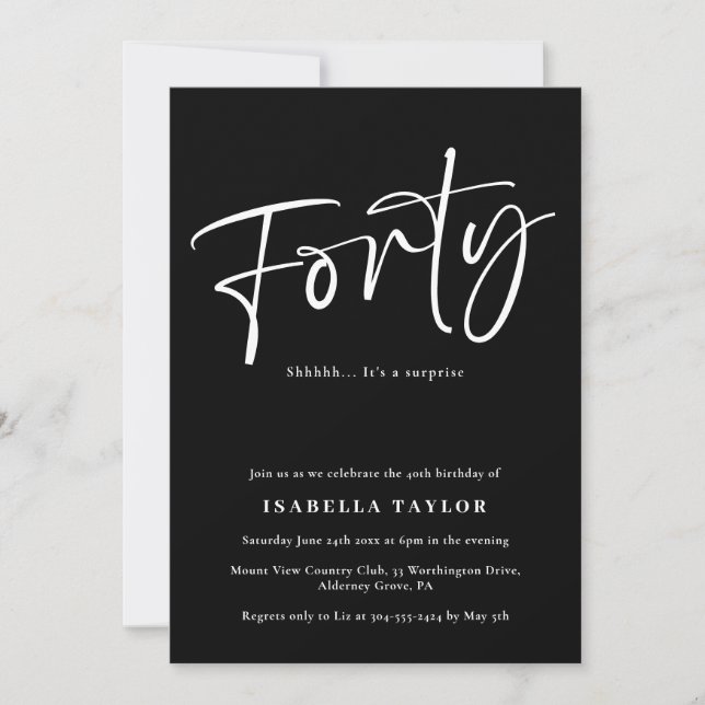 Black White Elegant Modern 40th Birthday Invitation (Front)